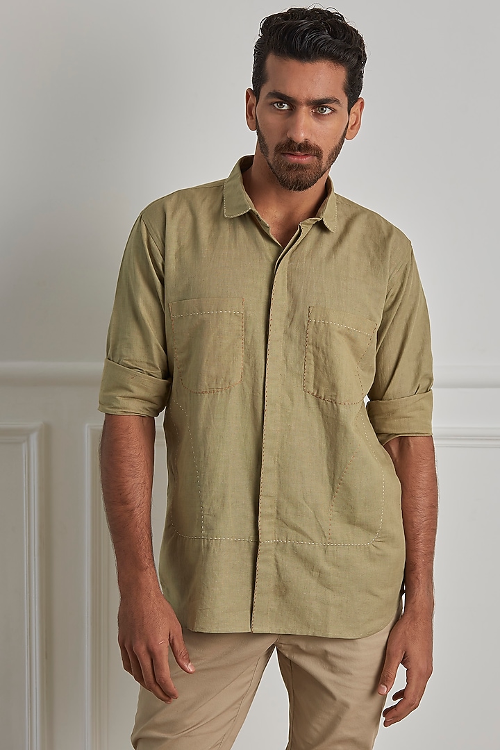 Beige Cotton Linen Party Wear Shirt by Artless at Pernia's Pop Up Shop