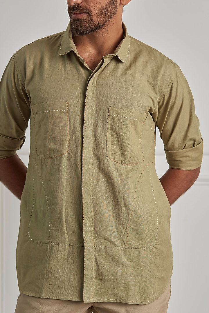 Beige Cotton Linen Party Wear Shirt by Artless at Pernia's Pop Up Shop