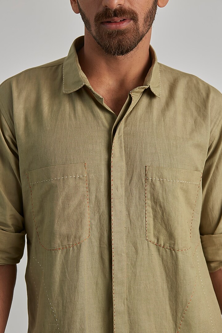 Beige Cotton Linen Party Wear Shirt by Artless at Pernia's Pop Up Shop