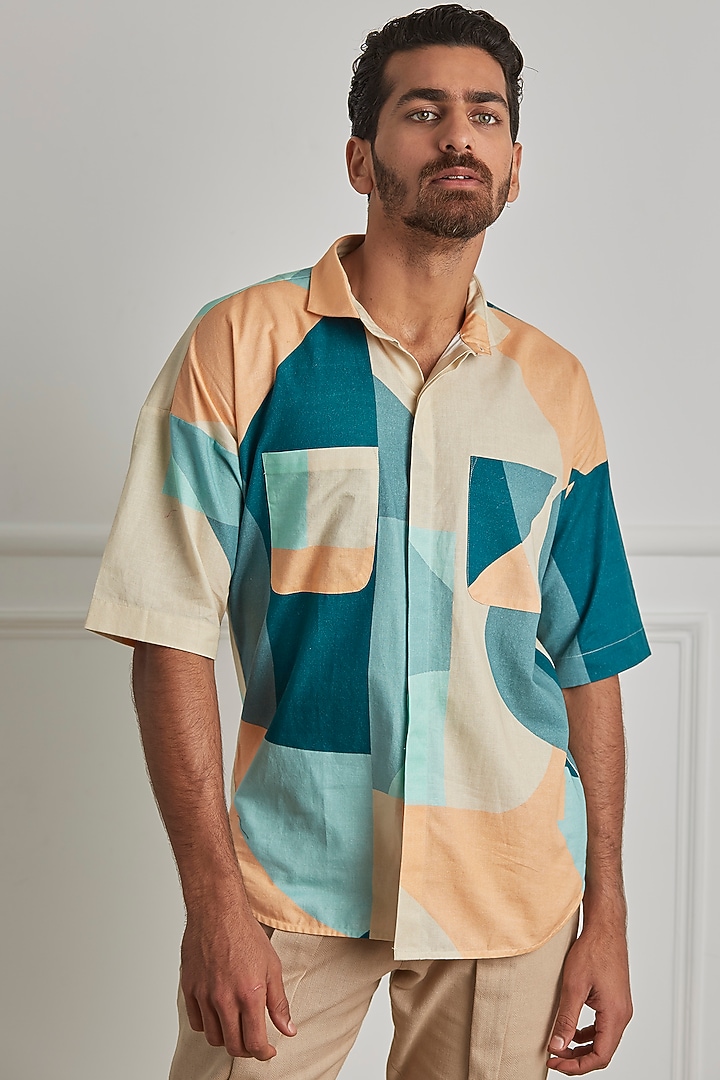 Olive Green & Peach Digital Printed Party Wear Shirt by Artless at Pernia's Pop Up Shop