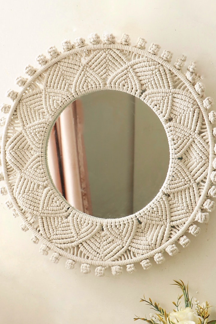 Off-White Metal, Mirror & Natural Cotton Thread Luminous Mirror Wall Hanging by Karighar - House of Indian Craftsmanship at Pernia's Pop Up Shop