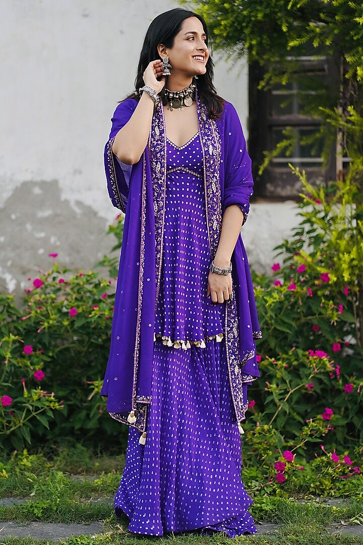 Purple Silk Bandhani Gharara Set by Pink City By Sarika