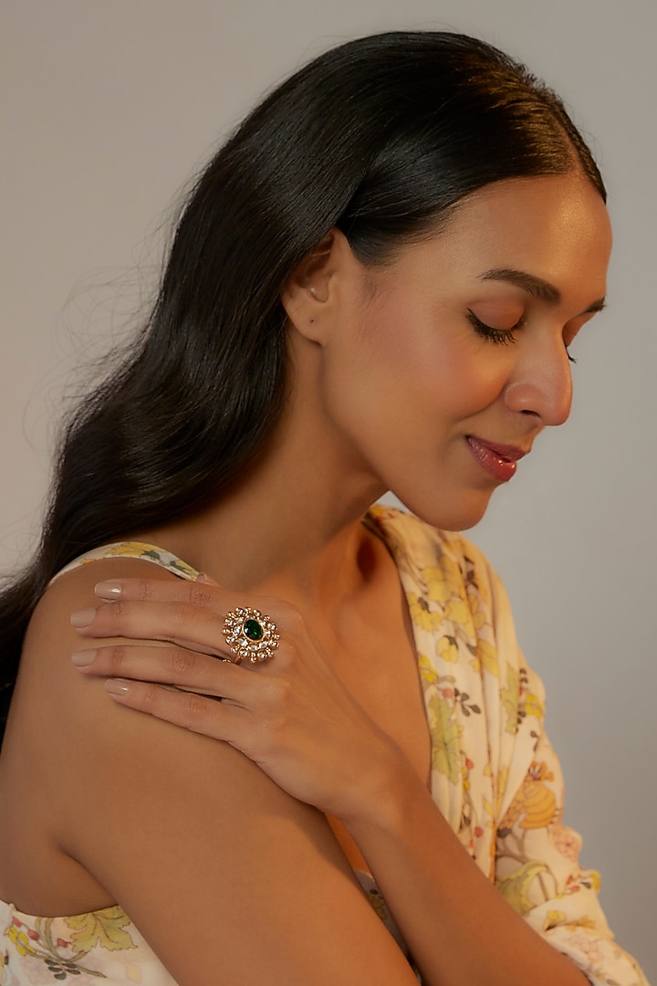 Gold Finish Emerald Synthetic Stone Ring by Aryah Jewels at Pernia's Pop Up Shop