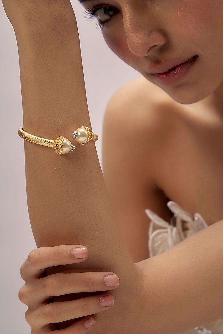 Gold Finish Pearl & Diamond Bracelet by Aryah Jewels at Pernia's Pop Up Shop