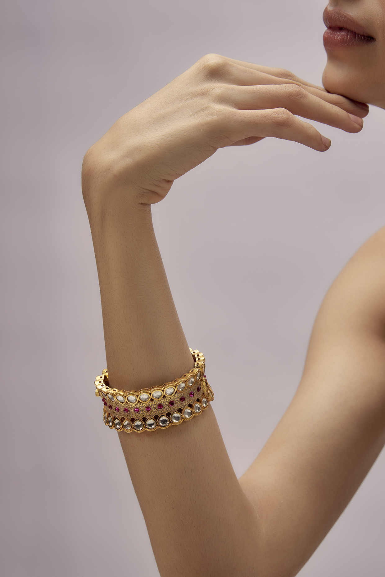 Gold Finish Ruby Synthetic Stone Enameled Bracelet by Aryah Jewels at Pernia's Pop Up Shop