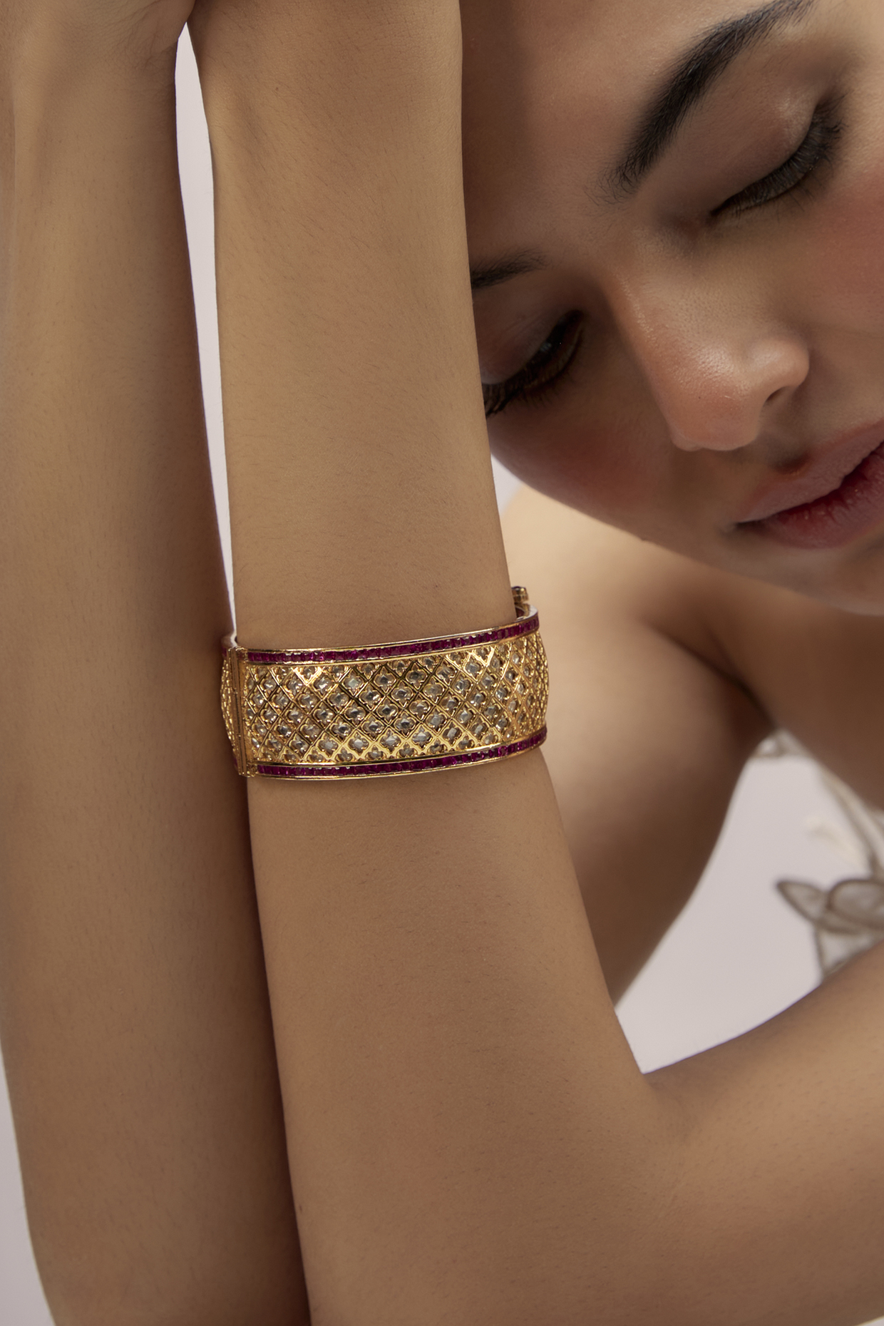 Gold Finish Ruby Stone Uncut Broad Kada by Aryah Jewels at Pernia's Pop Up Shop