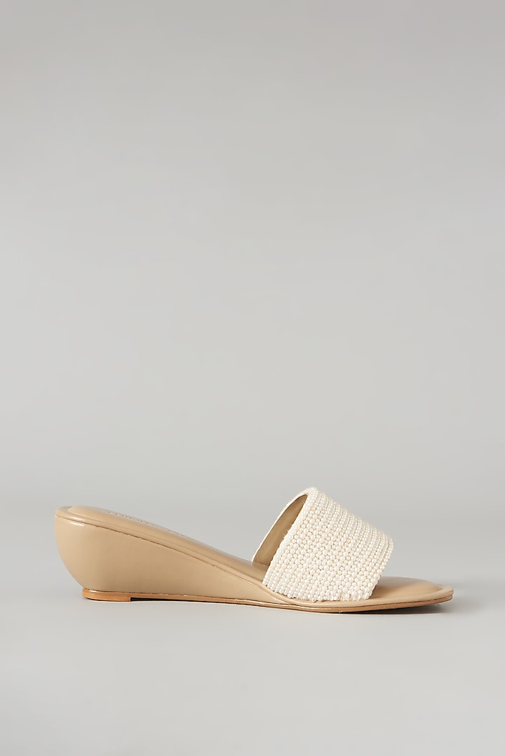Beige Faux Leather Pearl Flats by Aanchal Sayal at Pernia's Pop Up Shop