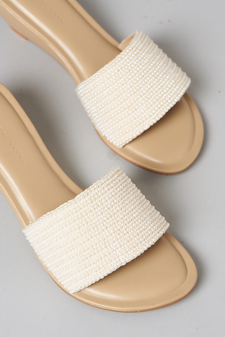 Beige Faux Leather Pearl Flats by Aanchal Sayal at Pernia's Pop Up Shop