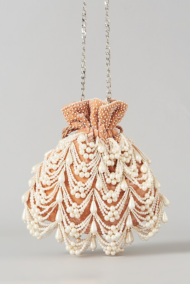 Pink Velvet Embroidered Oyster Potli Bag by Aanchal Sayal at Pernia's Pop Up Shop