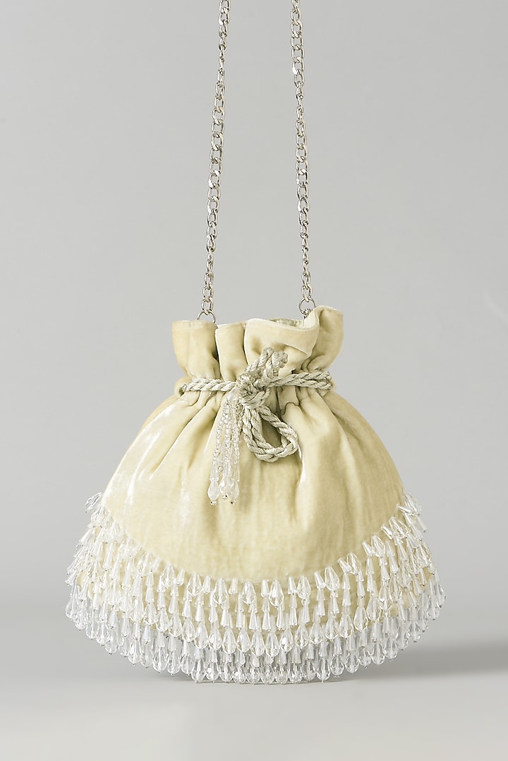 Beige Velvet Embroidered Oyster Potli Bag by Aanchal Sayal at Pernia's Pop Up Shop