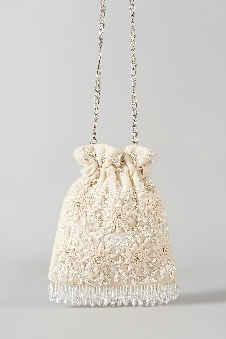 Ivory Velvet Embroidered Potli Bag by Aanchal Sayal at Pernia's Pop Up Shop