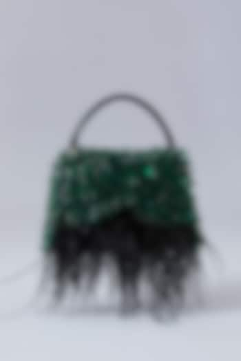 Black & Emerald Green Faux Leather Embroidered Handbag by Aanchal Sayal at Pernia's Pop Up Shop