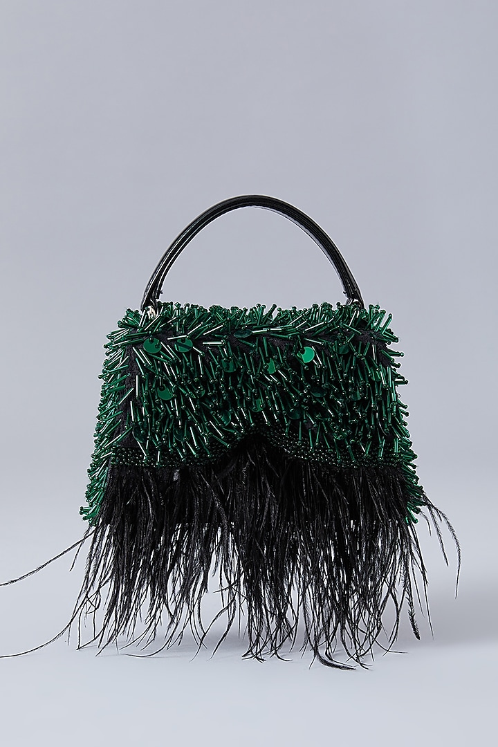 Black & Emerald Green Faux Leather Embroidered Handbag by Aanchal Sayal at Pernia's Pop Up Shop