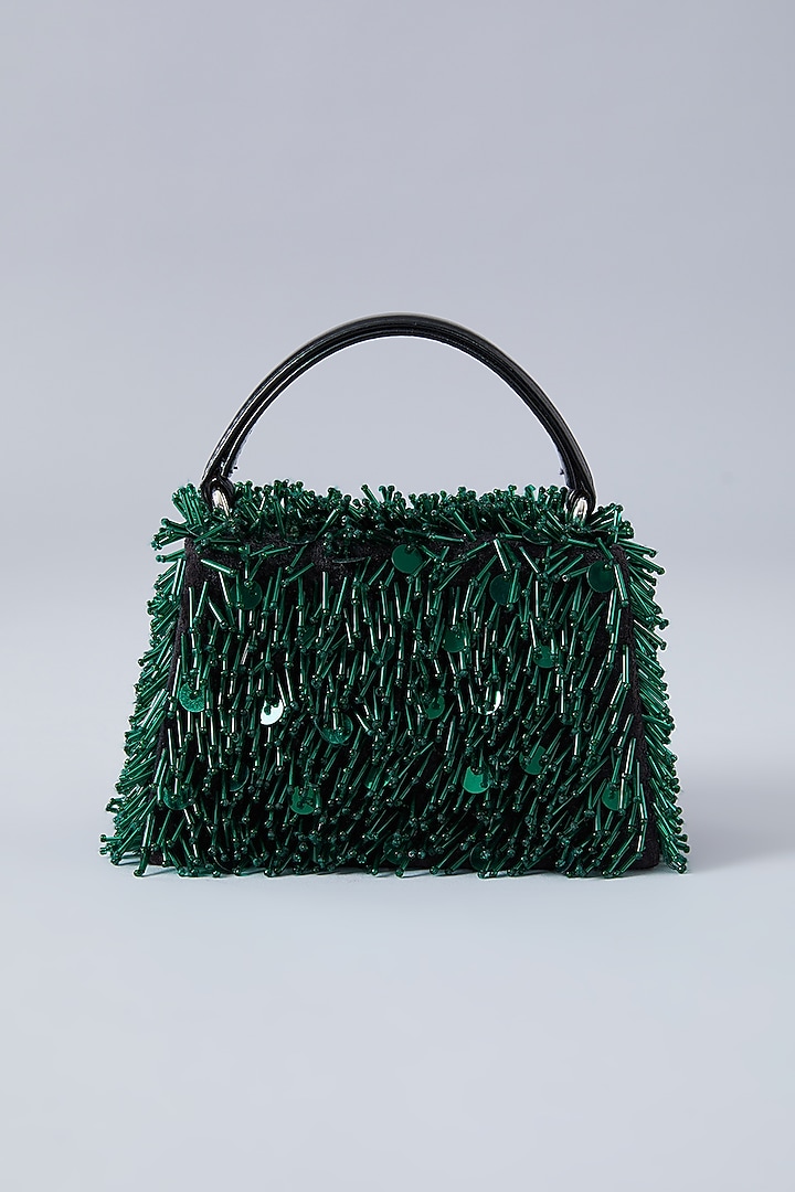 Black & Emerald Green Faux Leather Embroidered Handbag by Aanchal Sayal at Pernia's Pop Up Shop
