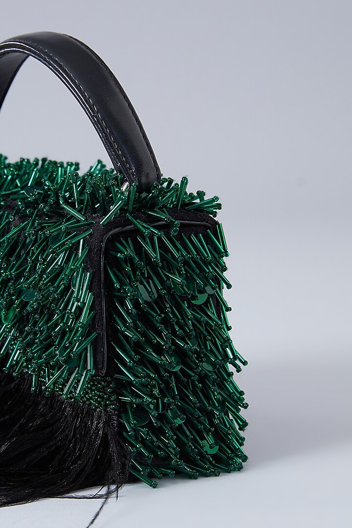 Black & Emerald Green Faux Leather Embroidered Handbag by Aanchal Sayal at Pernia's Pop Up Shop
