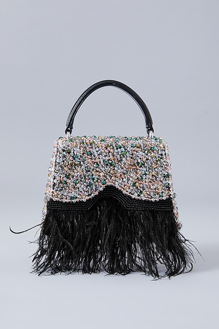 Black Faux Leather Crystal Embroidered Handbag by Aanchal Sayal at Pernia's Pop Up Shop