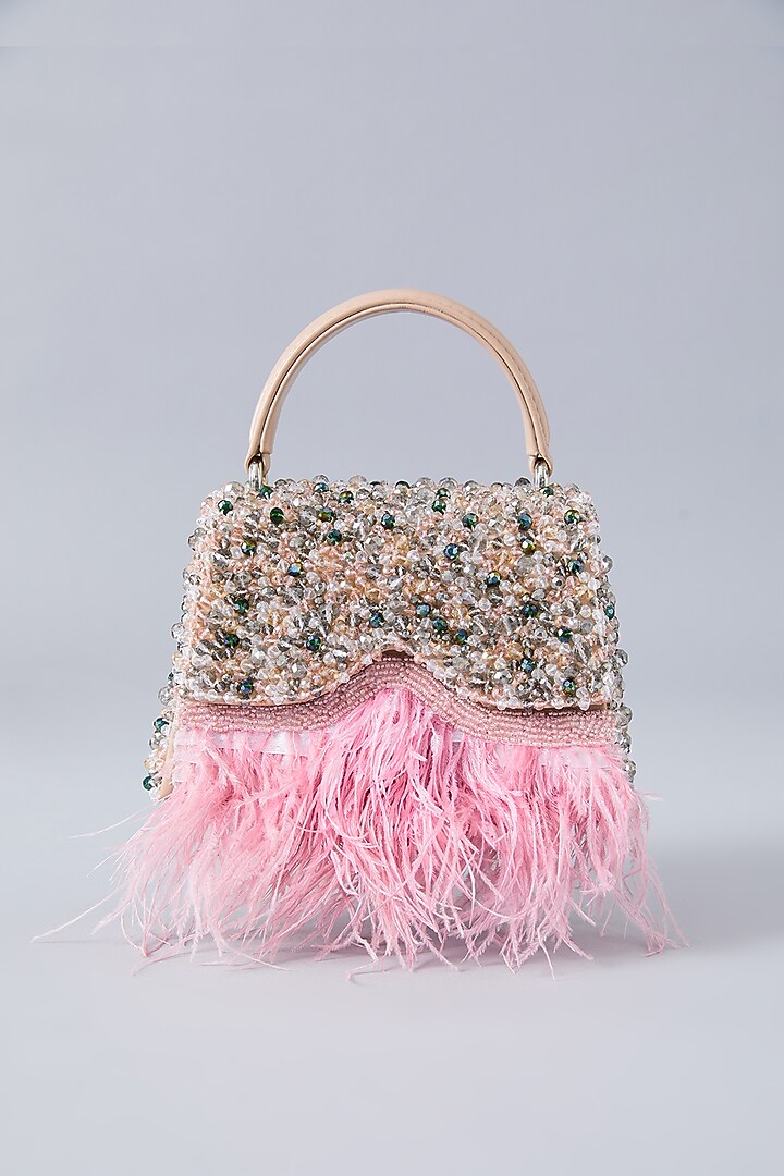 Blush Pink Faux Leather Crystal Embroidered Handbag by Aanchal Sayal at Pernia's Pop Up Shop