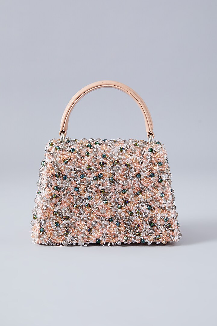 Blush Pink Faux Leather Crystal Embroidered Handbag by Aanchal Sayal at Pernia's Pop Up Shop