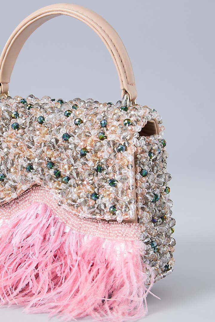 Blush Pink Faux Leather Crystal Embroidered Handbag by Aanchal Sayal at Pernia's Pop Up Shop