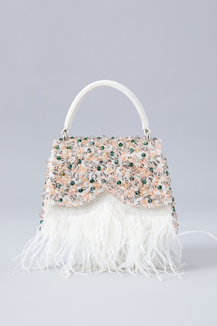 White Faux Leather Crystal Embroidered Handbag by Aanchal Sayal at Pernia's Pop Up Shop