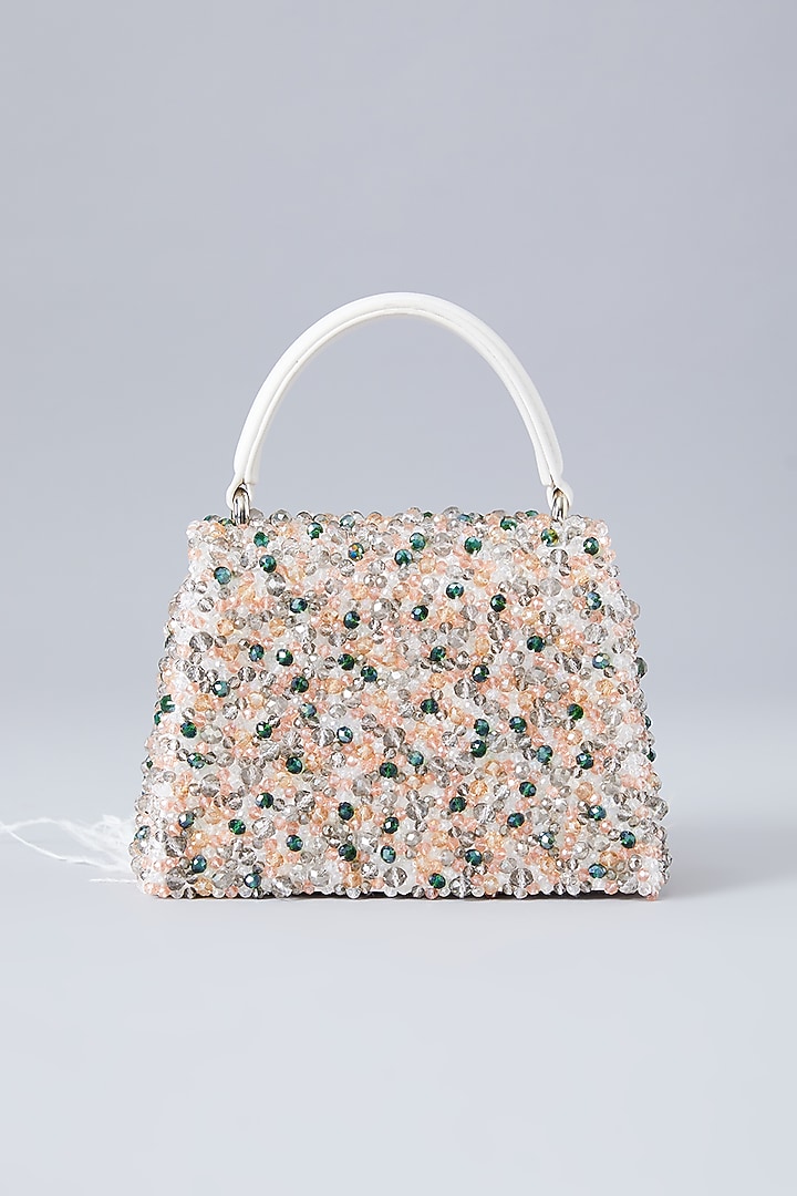 White Faux Leather Crystal Embroidered Handbag by Aanchal Sayal at Pernia's Pop Up Shop