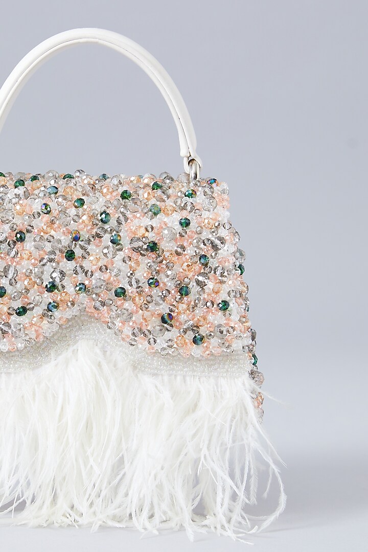 White Faux Leather Crystal Embroidered Handbag by Aanchal Sayal at Pernia's Pop Up Shop