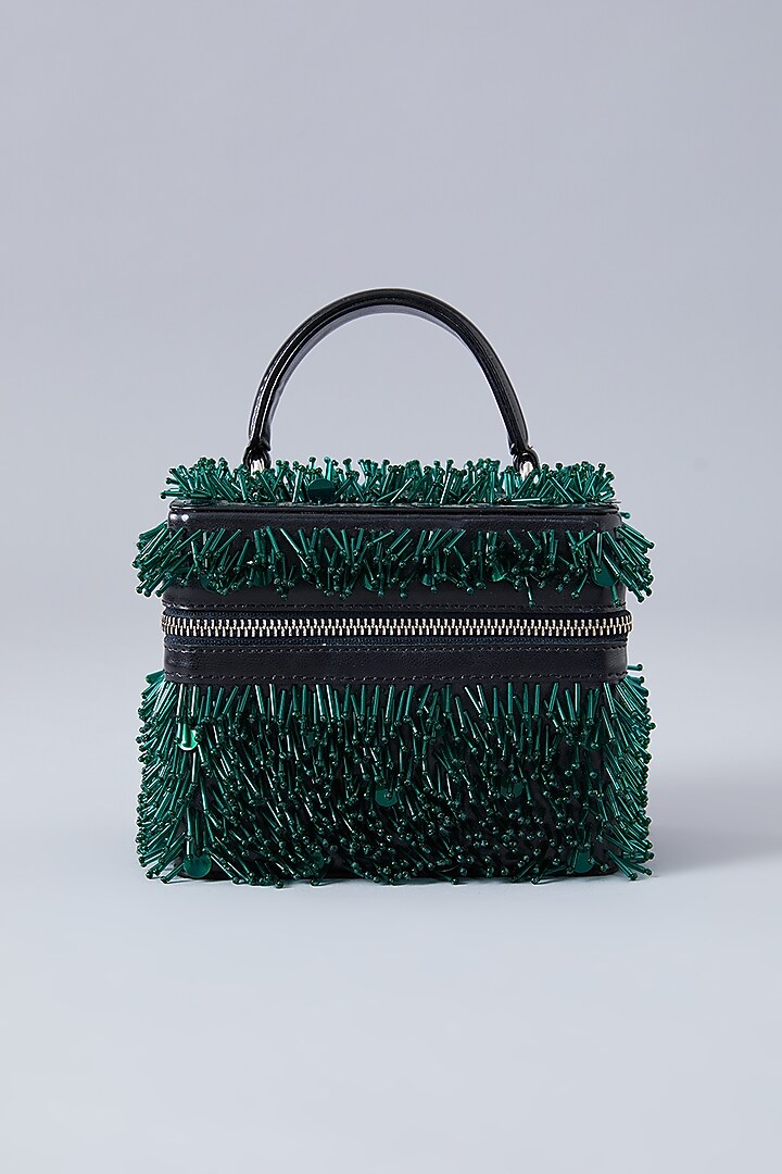 Black & Emerald Green Suede Embroidered Handbag by Aanchal Sayal at Pernia's Pop Up Shop