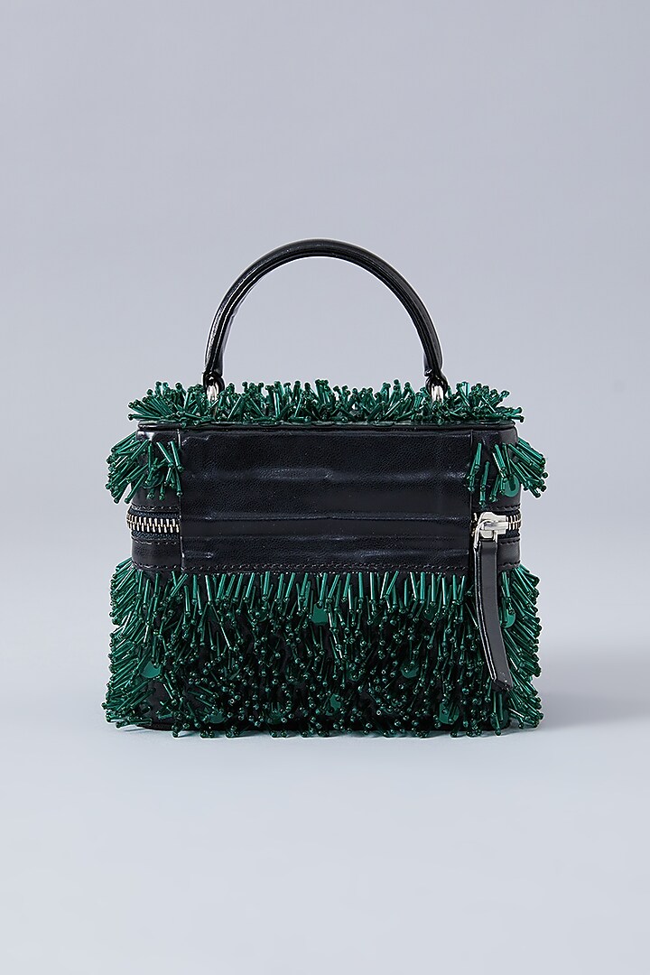 Black & Emerald Green Suede Embroidered Handbag by Aanchal Sayal at Pernia's Pop Up Shop