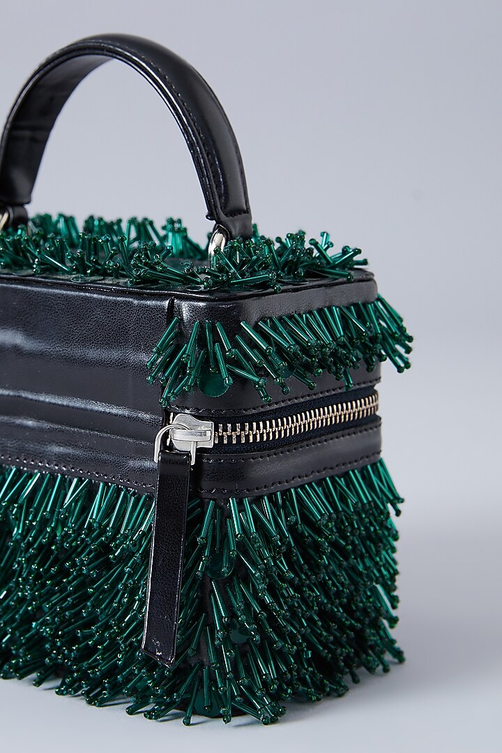 Black & Emerald Green Suede Embroidered Handbag by Aanchal Sayal at Pernia's Pop Up Shop