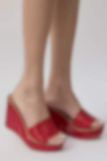 Red Faux Leather Beaded Heels by Aanchal Sayal at Pernia's Pop Up Shop