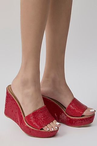 Red Faux Leather Beaded Heels by Aanchal Sayal
