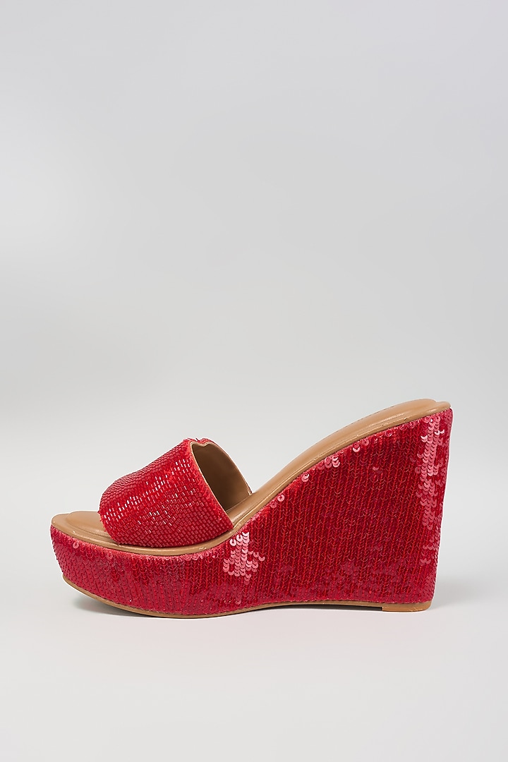 Red Faux Leather Beaded Heels by Aanchal Sayal at Pernia's Pop Up Shop