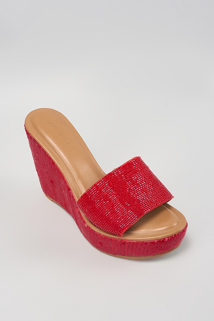 Red Faux Leather Beaded Heels by Aanchal Sayal at Pernia's Pop Up Shop