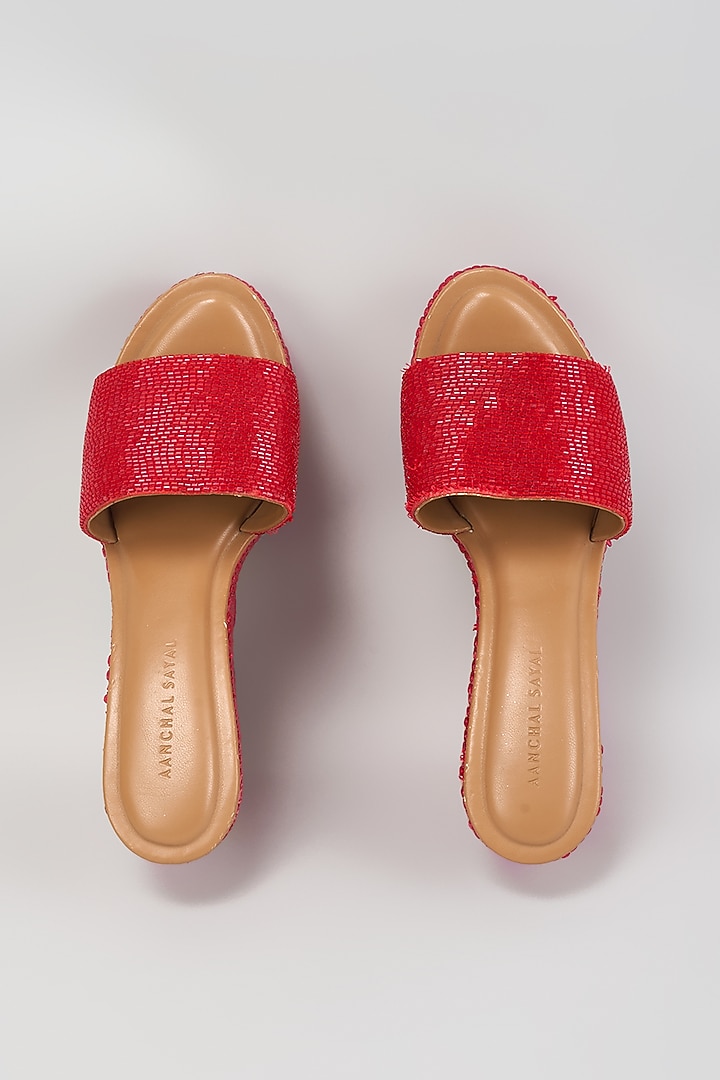 Red Faux Leather Beaded Heels by Aanchal Sayal at Pernia's Pop Up Shop