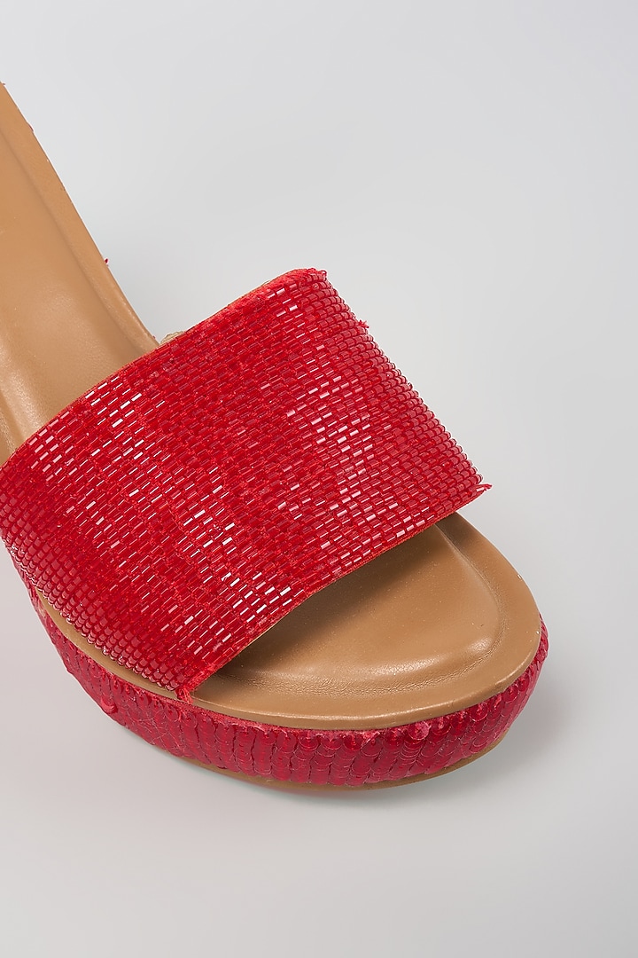 Red Faux Leather Beaded Heels by Aanchal Sayal at Pernia's Pop Up Shop