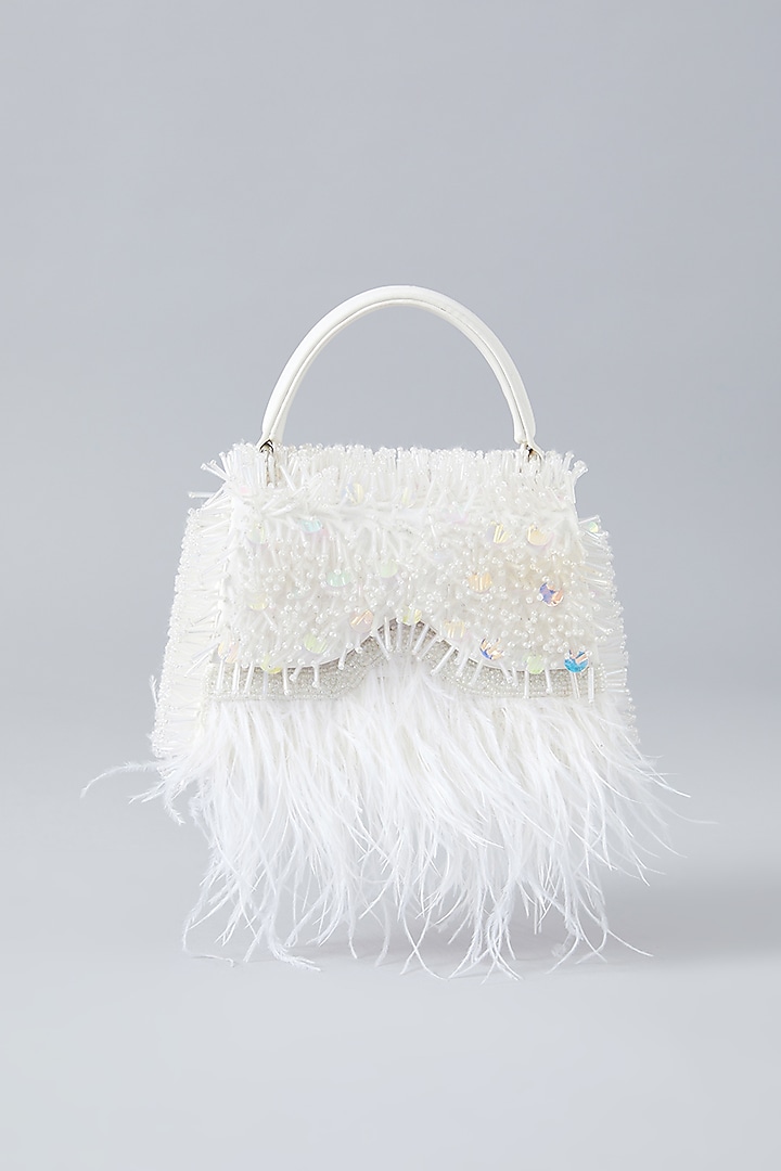 White Faux Leather Embroidered Handbag by Aanchal Sayal at Pernia's Pop Up Shop