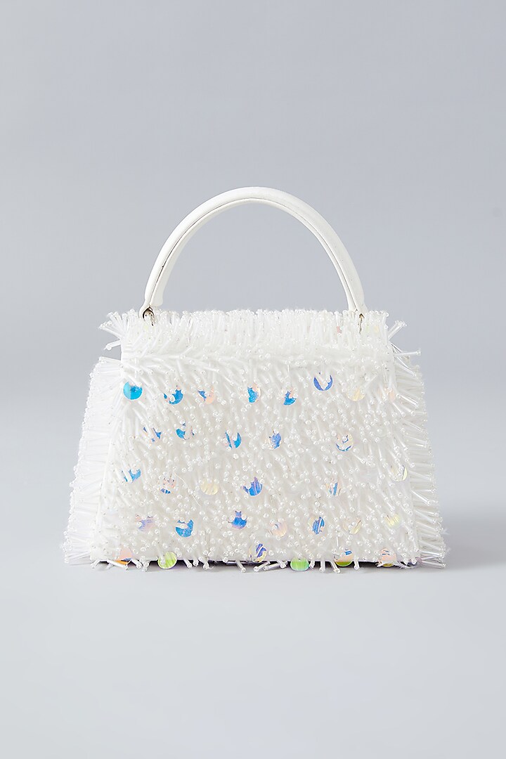 White Faux Leather Embroidered Handbag by Aanchal Sayal at Pernia's Pop Up Shop