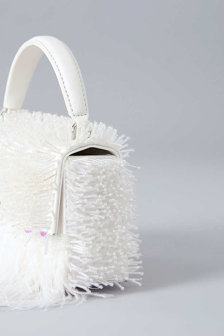 White Faux Leather Embroidered Handbag by Aanchal Sayal at Pernia's Pop Up Shop