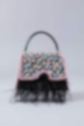 Black Faux Leather Pearl Embroidered Handbag by Aanchal Sayal at Pernia's Pop Up Shop