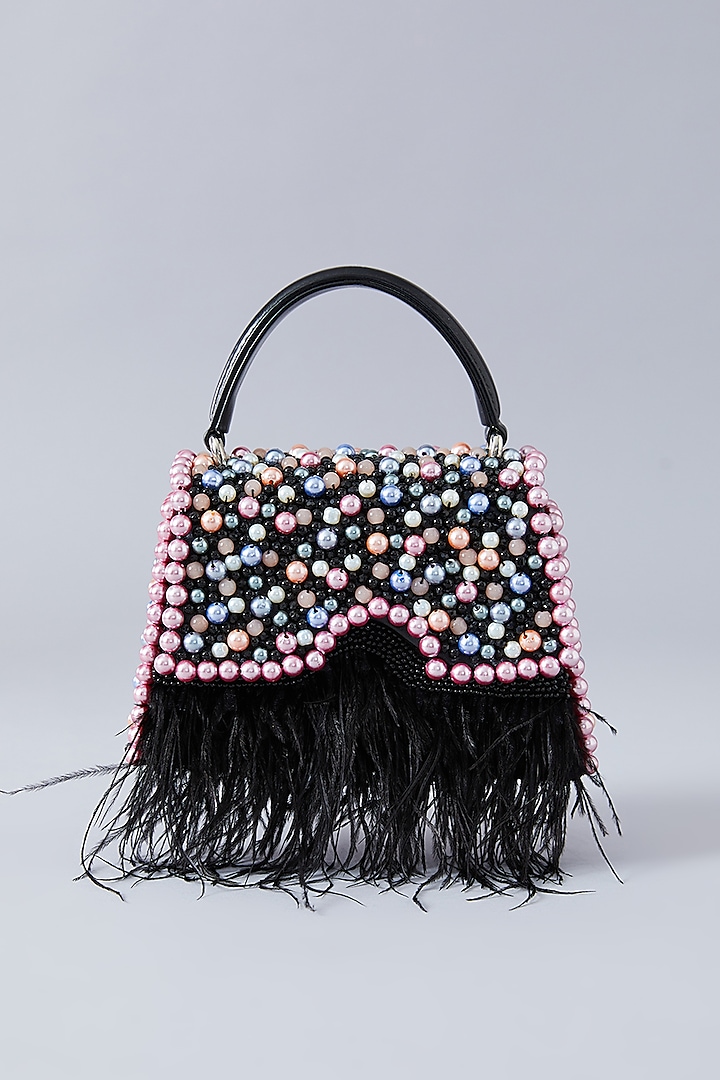 Black Faux Leather Pearl Embroidered Handbag by Aanchal Sayal at Pernia's Pop Up Shop