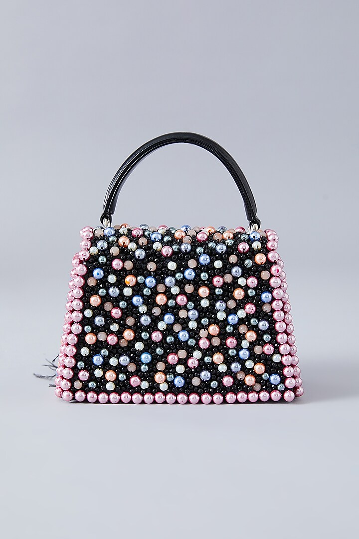 Black Faux Leather Pearl Embroidered Handbag by Aanchal Sayal at Pernia's Pop Up Shop