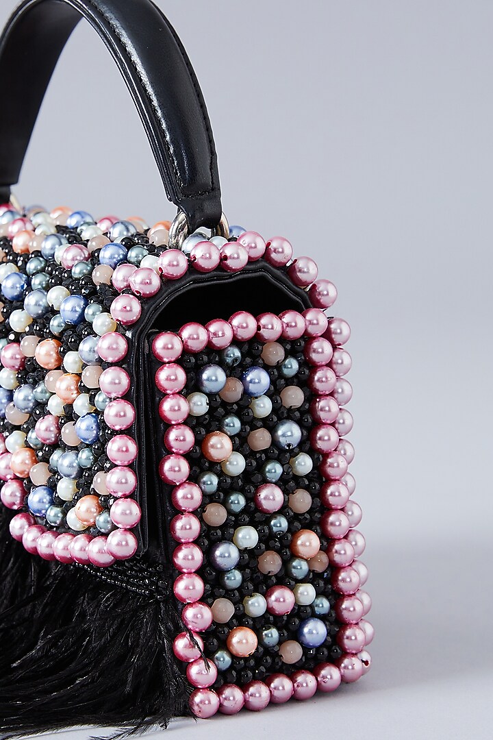 Black Faux Leather Pearl Embroidered Handbag by Aanchal Sayal at Pernia's Pop Up Shop