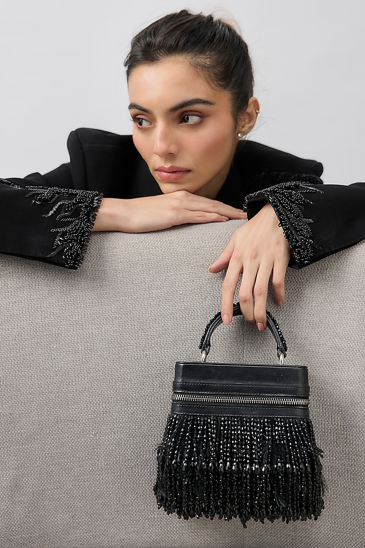 Black Faux Leather Beadwork Clutch by Aanchal Sayal at Pernia's Pop Up Shop