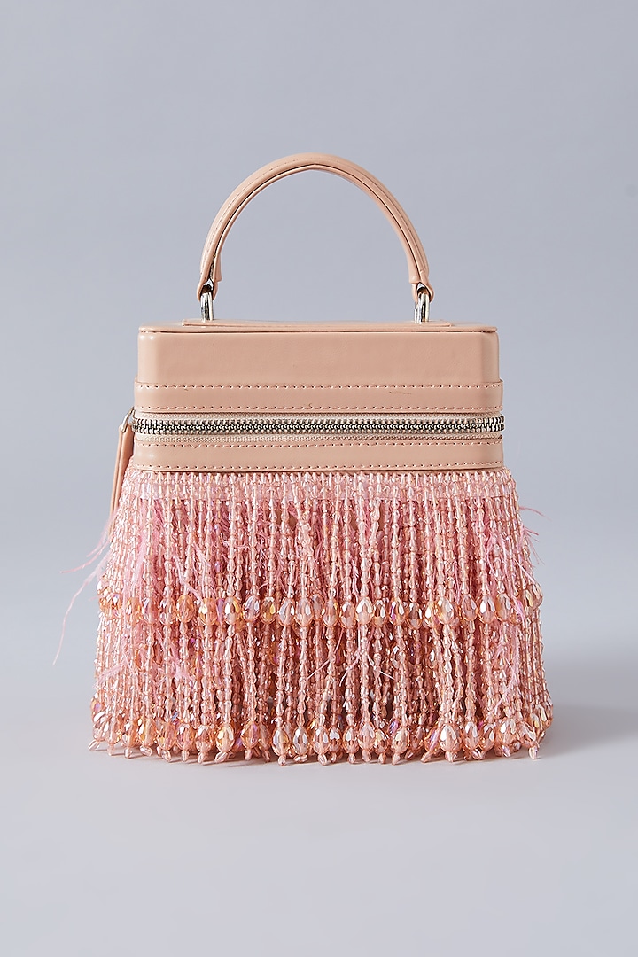 Blush Pink Faux Leather Crystal Embroidered Handbag by Aanchal Sayal at Pernia's Pop Up Shop