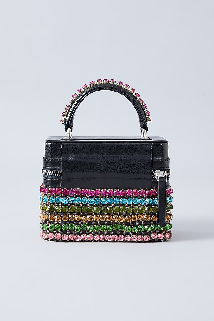 Black Faux Leather Stone Embroidered Handbag by Aanchal Sayal at Pernia's Pop Up Shop