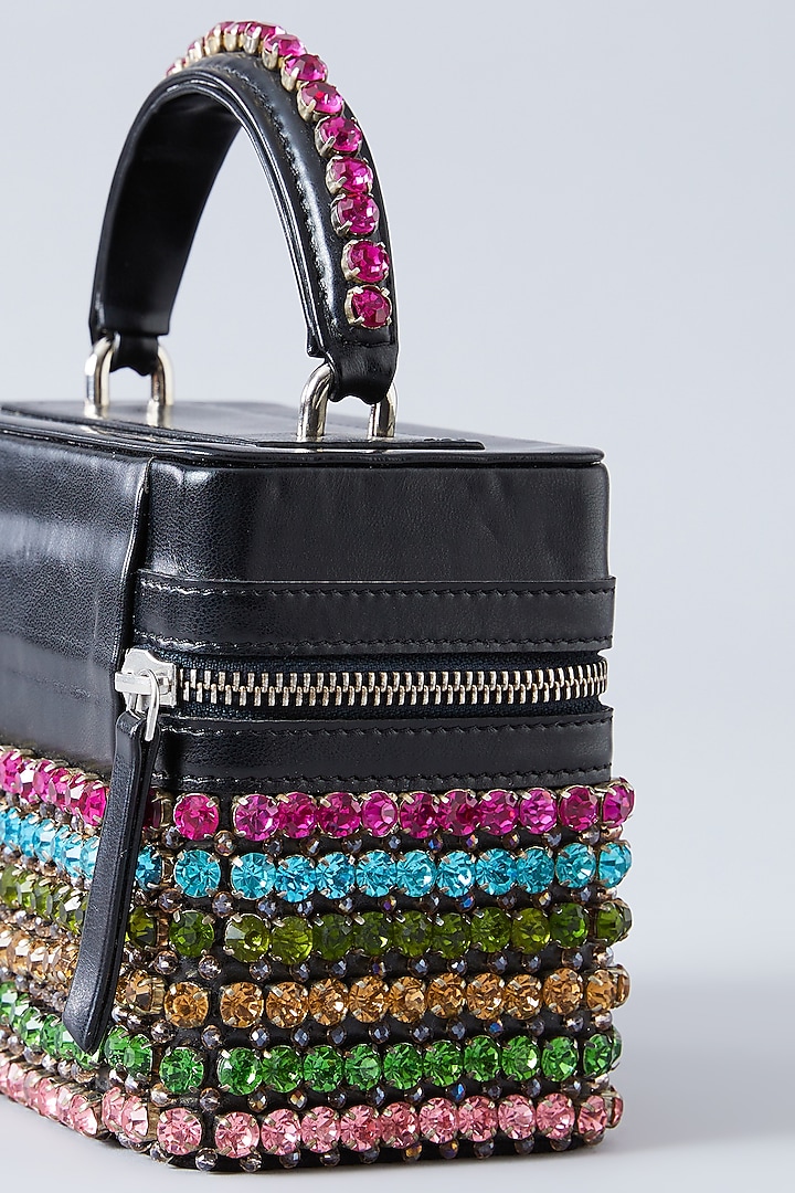 Black Faux Leather Stone Embroidered Handbag by Aanchal Sayal at Pernia's Pop Up Shop