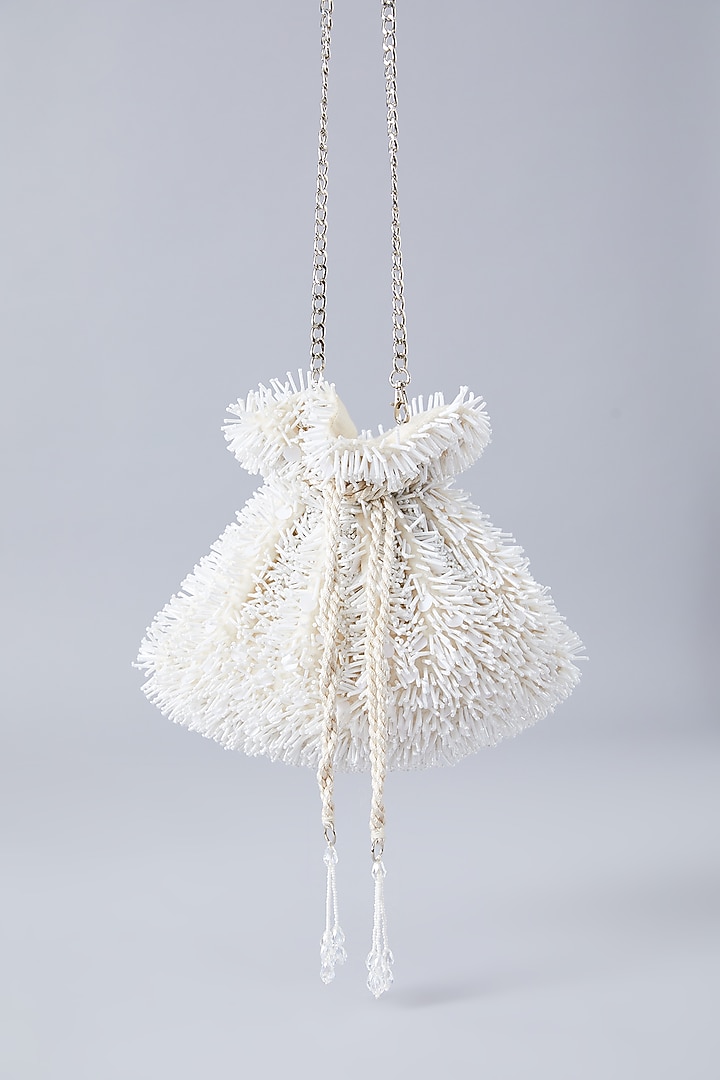 Ivory Velvet Embroidered Potli by Aanchal Sayal at Pernia's Pop Up Shop