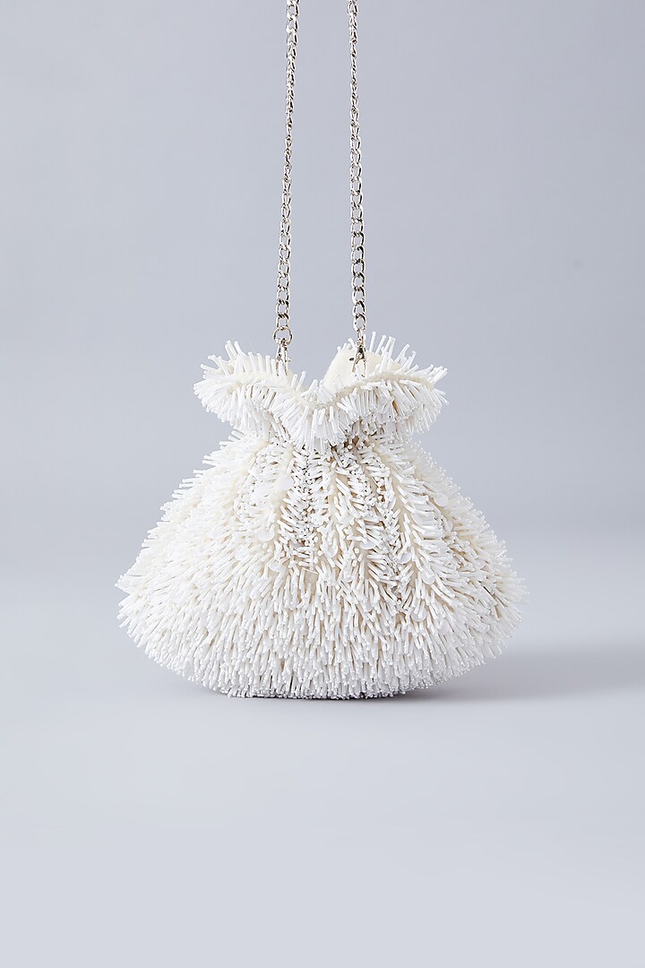 Ivory Velvet Embroidered Potli by Aanchal Sayal at Pernia's Pop Up Shop