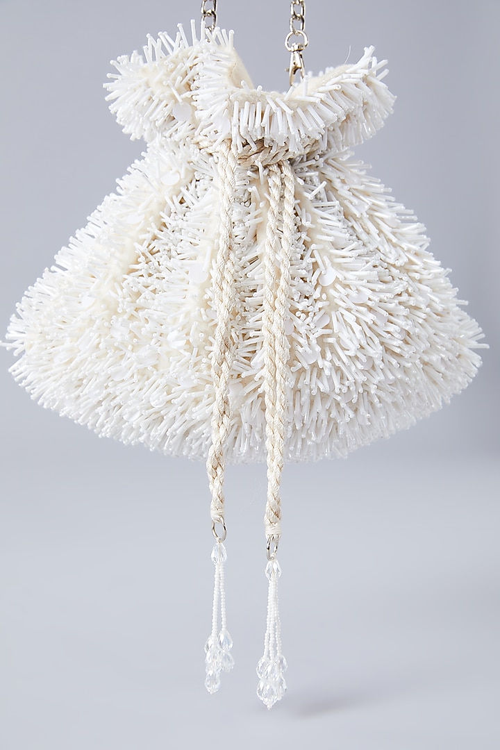 Ivory Velvet Embroidered Potli by Aanchal Sayal at Pernia's Pop Up Shop