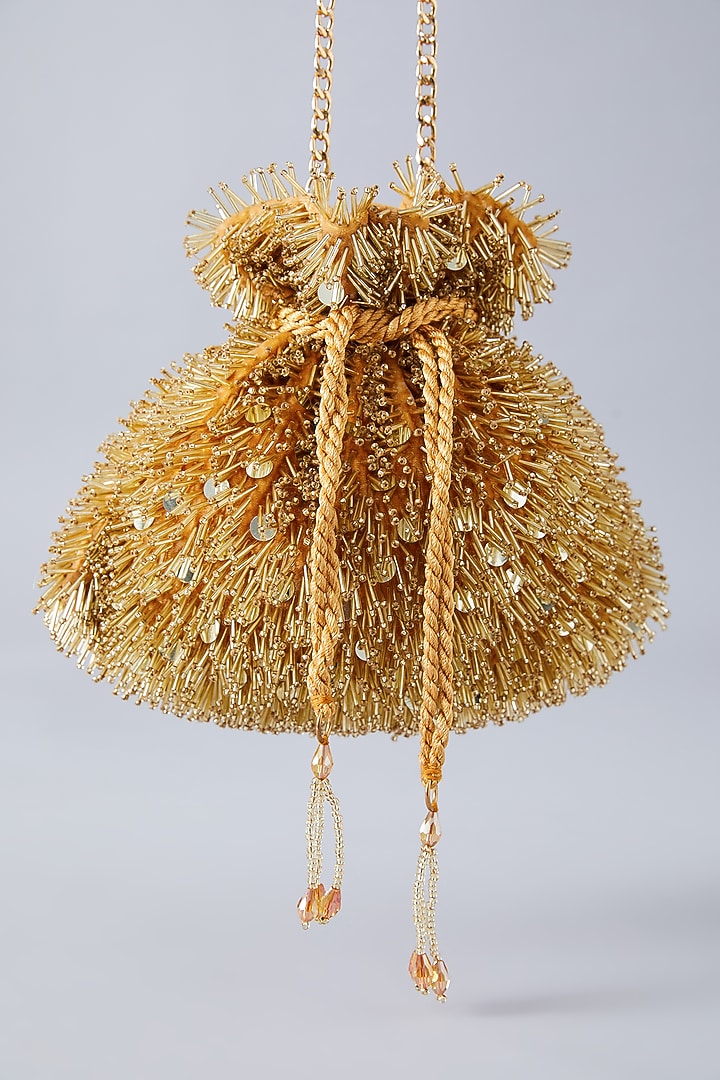 Gold Velvet Embroidered Potli by Aanchal Sayal at Pernia's Pop Up Shop